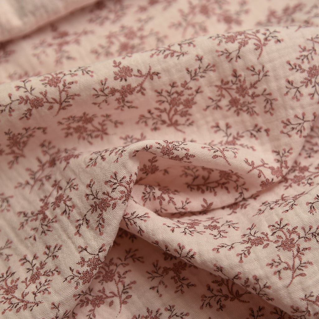 Tela doble gasa/muselina orgánica estampado flores rosado (cm) CERTIFICADO GOTS